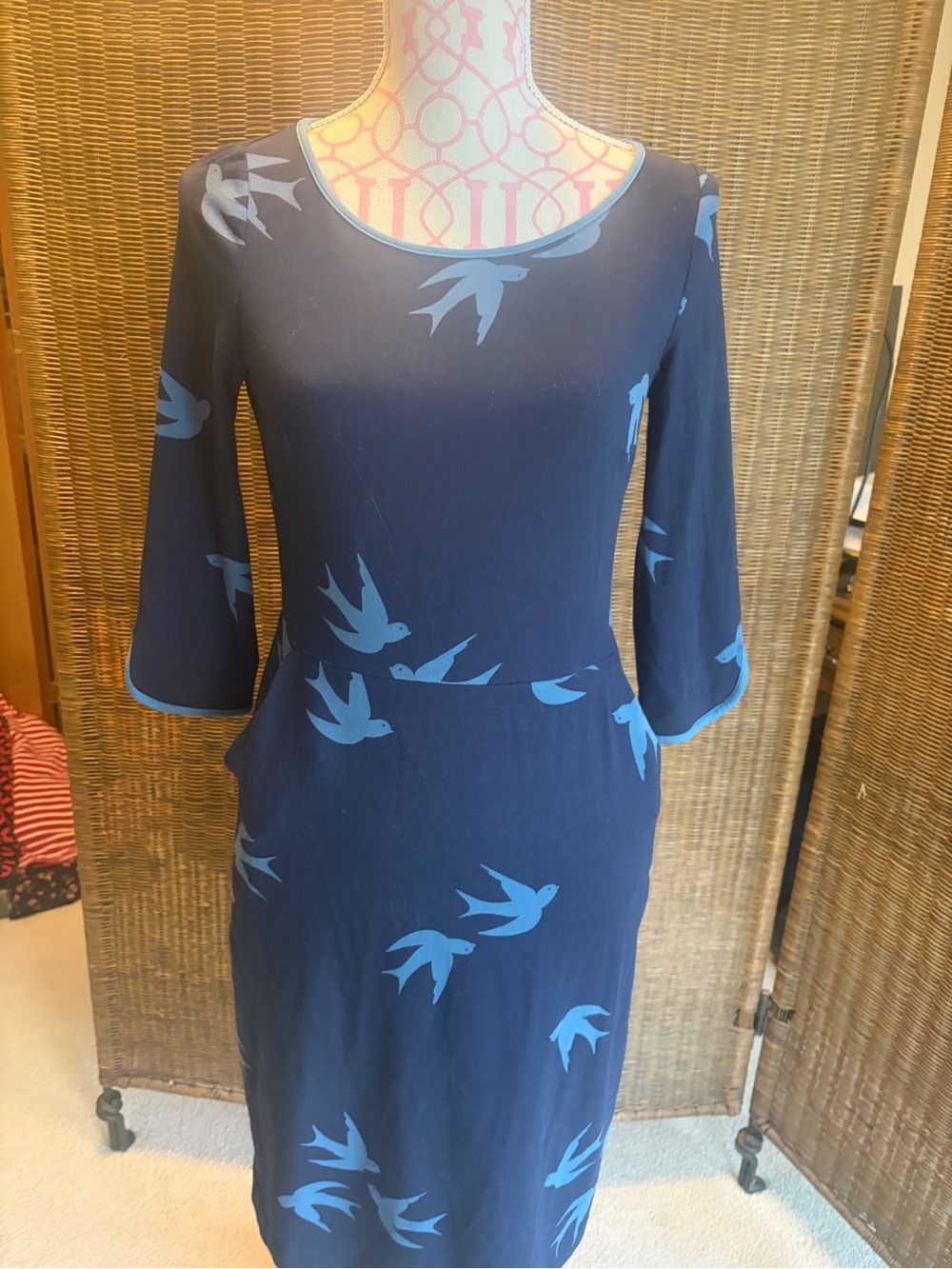 Boden Women's Navy Blue Bird Print Sheath Dress - petite length